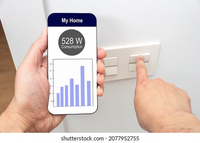 Close-up of man hand turning on the light with phone and the display of a smart electric meter with consumption information and cost per hour. - Shutterstock ID 2077952755