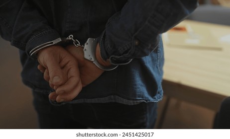 Close-up of a man handcuffed in a dimly lit indoor space, depicting an arrest scenario - Powered by Shutterstock