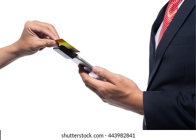 Close-up Of Man Hands With Smartphone And Credit Card As Online Shopping Or Online Payment Concept. Using Mobile POS Terminal - Mobile Credit Card Reader