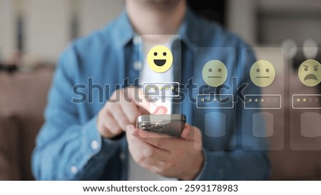 Close-up of man hands using smartphone, rating of the quality of service,store, service and social networks. Satisfaction survey concept reviews customer quality assessment.