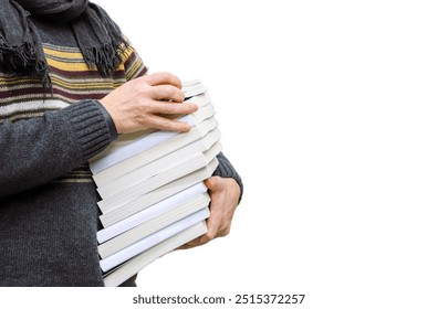 Closeup of a man holding a stack of books on white background - Powered by Shutterstock