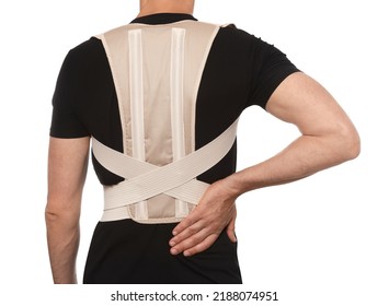 Closeup Of Man With Orthopedic Corset On White Background, Back View