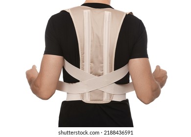 Closeup Of Man With Orthopedic Corset On White Background, Back View