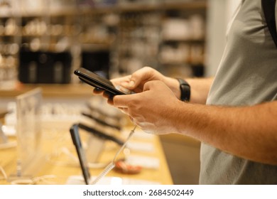 Closeup of man testing smartphone at electronics store. Customer choosing modern gadget from display stand before purchase. Mobile technology and shopping concept.