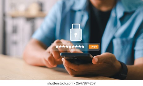 Close-up of a man using smartphone with virtual password input and login button. Concept of secure mobile authentication, user access control, and cybersecurity protection.