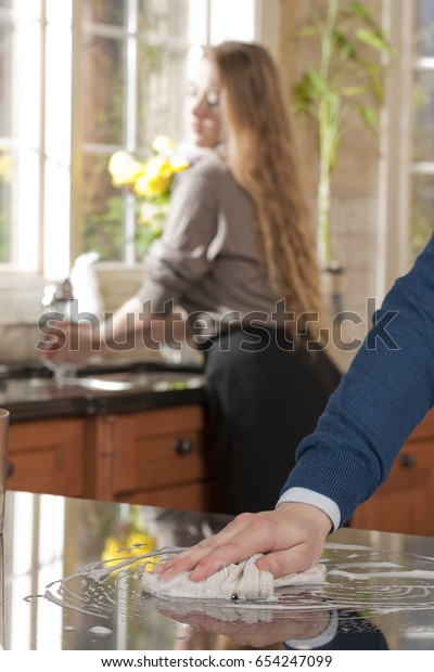 Closeup Man Washing Cleaning Black Granite Stock Photo Edit Now