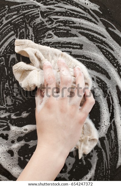 Closeup Man Washing Cleaning Black Granite Stock Photo Edit Now