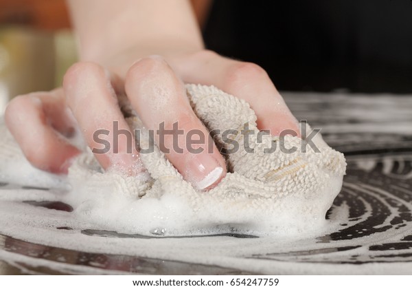 Closeup Man Washing Cleaning Black Granite People Stock Image