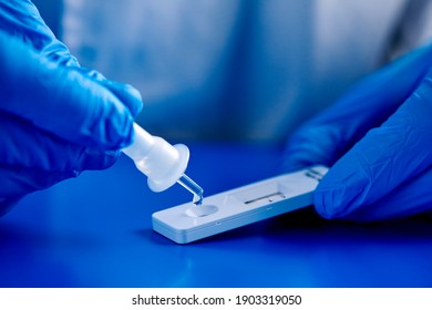 Nahaufnahme eines Mannes, der blaue chirurgische Handschuhe trägt und die Probe in das covid-19-Antigendiagnostikum auf blauer Oberfläche platziert