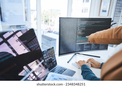 Closeup, manager and worker with computer screen, programming or training with trading, coaching or mentor. Advice, supervisor or employee with pc, coding or cyber security with programmer or fintech