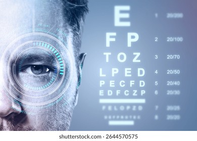 Closeup of a man's eye with a futuristic digital interface overlay and an eyesight test chart in background, on a blue light gradient background - Powered by Shutterstock - Get 15% off with code: PIKWIZARD15