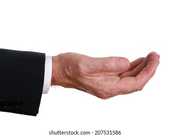 Closeup Of Man's Hand Asking Or Receiving. Business Shirt Cuff And Suit.