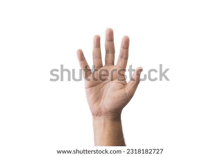 Close-up man's hand goodwill gesture. Open outstretched hand, showing five fingers, extended in greeting copy space isolated on white background. Space for text.