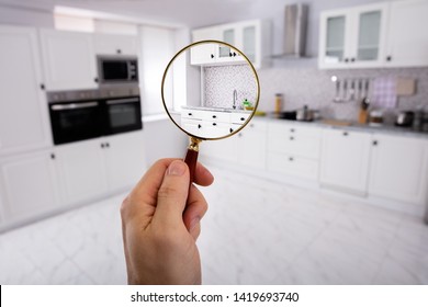 Close-up Of A Man's Hand Holding Magnifying Glass Over The Kitchen In Modular Kitchen - Powered by Shutterstock