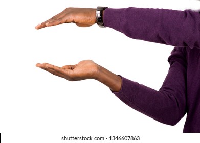 Close-up Of Man's Hand Wearing A Black Watch, Gesturing With Hands Showing Or Holding Something Empty Isolated On White Background.