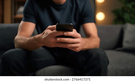 Close-up of a man's hands holding and using a smartphone while sitting on a dark sofa in a dimly lit room.