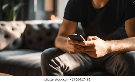 Close-up of a man's hands holding and using a smartphone while sitting on a couch, indoors.