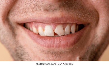 Close-up of a man's open smile with a broken tooth before a dentist appointment - Powered by Shutterstock