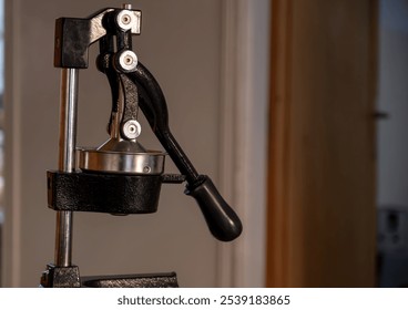 Close-up of a manual metal citrus juicer in a kitchen. Perfect for fresh juice preparation and healthy living concepts. - Powered by Shutterstock