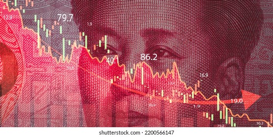 Closeup Mao Tse Tung face on Yuan banknote with stock market chart graph for currency exchange  global trade forex and China business economic recession concept. - Shutterstock ID 2200566147