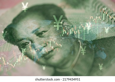 Closeup Mao Tse Tung On Yuan Banknote With Stock Market Chart Graph For Currency Exchange And Global Trade Forex Concept.