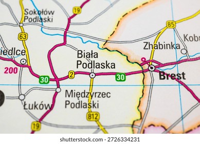 Closeup of map area featuring Biala Podlaska and nearby border routes