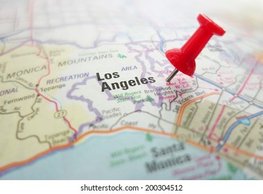 Closeup Of A Map Of Los Angeles, California With Red Pin                               