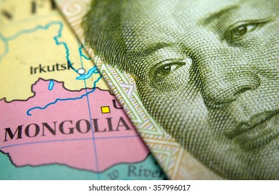 Close-up Of A Map Of Mongolia (incl. Gobi Desert) And Mao On A 1 Yuan Chinese Banknote