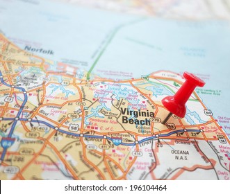 Closeup of a map of Virginia Beach, Virginia and red pin                               