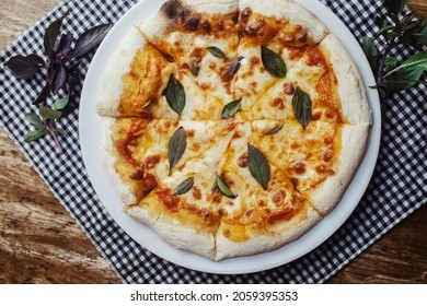 Close-up Of Margarita Pizza In A Disposable Dish. Top View Of Takeaway Food In A Fast Food Cafe. On Photo - Mozzarella Cheese, Tomatoes, And Red Basil. The Classic Recipe. Food For Family And Friends.