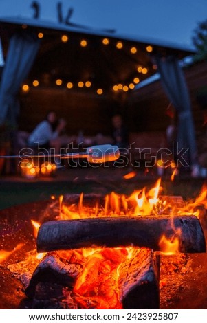 Closeup of a marshmallow roasting over a fire pit with warm flames, in a cozy outdoor setting with people under string lights at dusk, likely in Copenhagen.