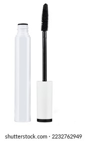 Closeup mascara bottle and brush. Black mascara and tube isolated on white background. - Shutterstock ID 2232762949
