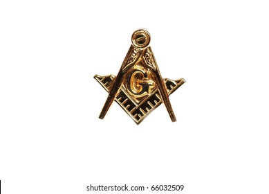 Closeup Of Masonic Emblem Lapel Pin Isolated On White.