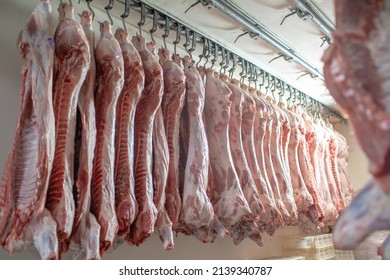 close-up of meat processing in the food industry, the worker cuts raw pig, storage in refrigerator, pork carcasses hanging on hooks in a meat factory