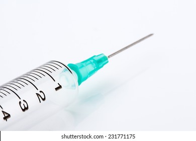 Close-up of medical syringe on white background
