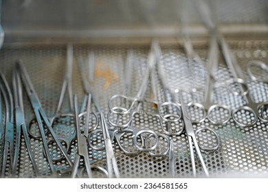 Closeup medical tools and scissors for dressing wounds of veterinary in clinic - Shutterstock ID 2364581565