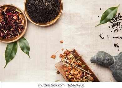 Close-up Of Medicinal And Aromatic Plants, Leaves And An Asian Ancient Statue, Symbol Of Traditional Chinese Medicine