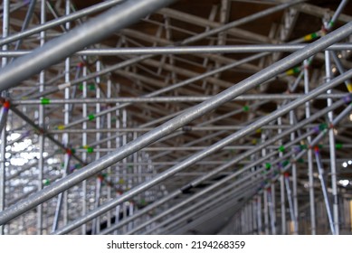 Close-up of metal bar construction of tribune at Pratteln, Canton Basel-Landschaft, on a sunny summer day. Photo taken August 24th, 2022, Basel, Switzerland. - Shutterstock ID 2194268359