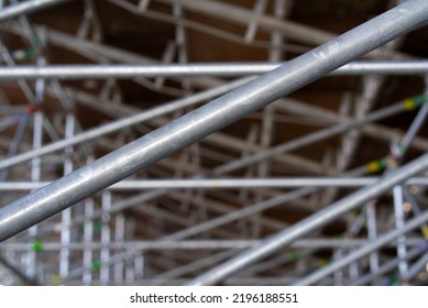 Close-up of metal bar construction of tribune at Pratteln, Canton Basel-Landschaft, on a sunny summer day. Photo taken August 24th, 2022, Basel, Switzerland. - Shutterstock ID 2196188551