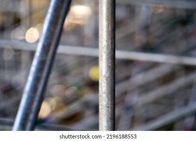 Close-up of metal bar construction of tribune at Pratteln, Canton Basel-Landschaft, on a sunny summer day. Photo taken August 24th, 2022, Basel, Switzerland. - Shutterstock ID 2196188553