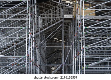 Close-up of metal bar construction of tribune at Pratteln, Canton Basel-Landschaft, on a sunny summer day. Photo taken August 24th, 2022, Basel, Switzerland. - Shutterstock ID 2196188559