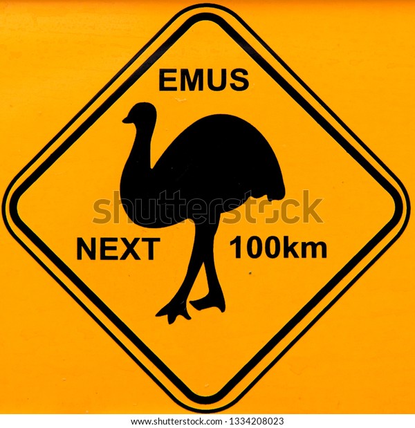 Closeup of a metal plate with Australian animal\
road sign. Emus\
warning.