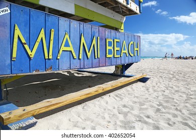 Close-up Of Miami Beach Sign On A Lifeguard Hut.