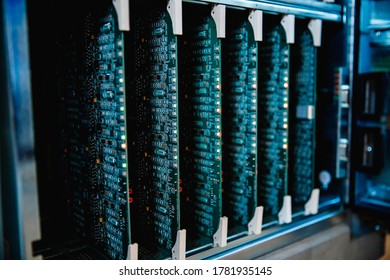 Close-up of microcircuit board for server computer, blue color.