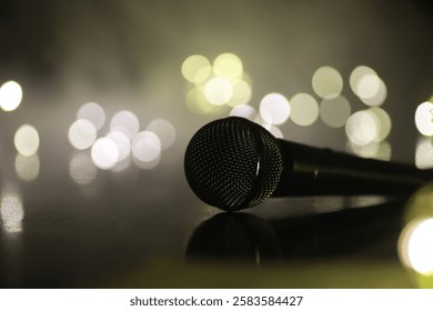 Close-Up of Microphone with Bokeh Lights in Background for Music, Performance, and Karaoke Themes