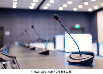 Close-up Of Microphones In An Empty Meeting Room At A Press Conference.