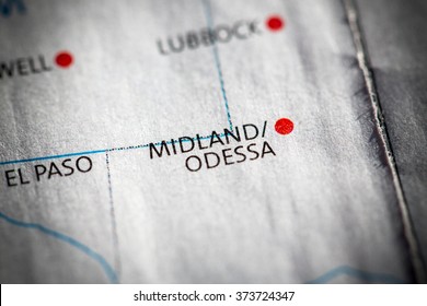 Closeup Of Midland/Odessa, Texas On A Map Of The USA.