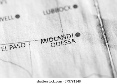 Closeup Of Midland/Odessa, Texas On A Map Of The USA.