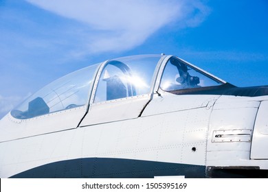 Closeup Of Military Fighter Jet Cockpit And Canopy Against A Blue Sky,aircraft Canopy Against