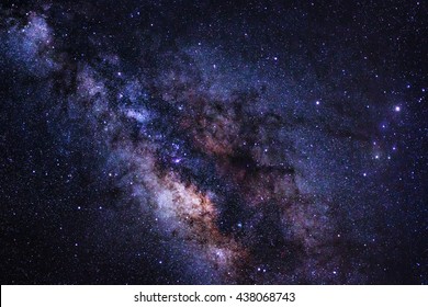 Close-up Of Milky Way Galaxy With Stars And Space Dust In The Universe, Long Exposure Photograph, With Grain.
